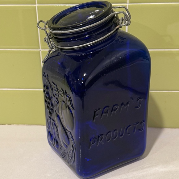 Vintage Cobalt Blue Glass Lidded Mason Jar Canister Produits de Campagne 9” - Picture 3 of 10